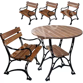 Cast iron garden furniture set with impregnated alder boards, a table with a diameter of 100 cm and 4 chairs with a back and armrests