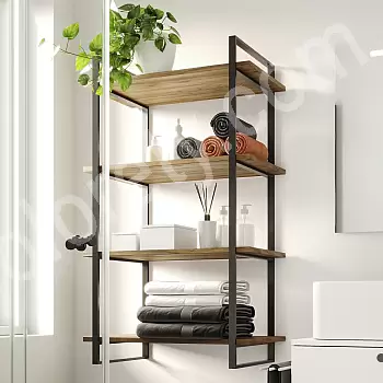 Élément mural modulable en métal avec étagères ouvertes, structure en acier laqué noir et 4 étagères en panneaux de particules plaqués mélaminé finition chêne naturel, hauteur totale 115 cm