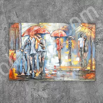 Saothar ealaíne balla miotail 3D &amp;amp;quot;Daoine sa bháisteach&amp;amp;quot;, toisí 80x120 cm