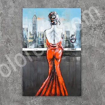Imagine 3D de perete din metal, decor de perete, o femeie și un pahar de șampanie, 80x120 cm