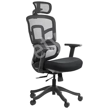 Ergonomisk kontorstol med sort nylon base, ryglæn betrukket med mesh, lændestøtte
