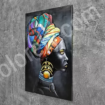 3D nástěnný kov, Afričanka ve slavnostní výzdobě, 70x120 cm