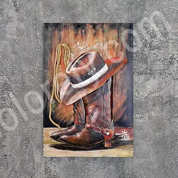 3D wall art made from steel, rustic western wall decor with cowboy hat, boots, and rope, height 90 cm, width 60 cm
