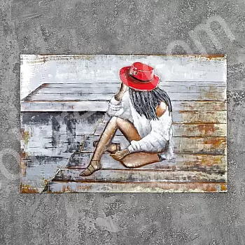 3D metal wall art “Elegant lady in red hat, dimensions 120x70 cm