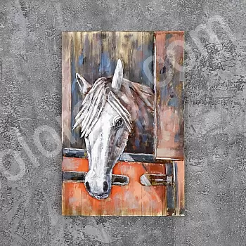 3D metallist seinadekoor, valge hobune, 90x60 cm