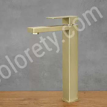 Grifo minimalista de acero inoxidable en color latón antiguo mate, altura 30,5 cm, longitud del caño 14 cm