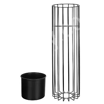 Fém kialakítású virágcserép acél rudakból fekete színű és műanyag kosár fekete színű, szélessége 20 cm, magassága 70 cm