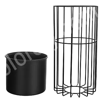 Metalinio dizaino gėlių vazonas iš juodų plieninių strypų ir plastikinio krepšelio juodos spalvos plotis 20 cm, aukštis 42 cm