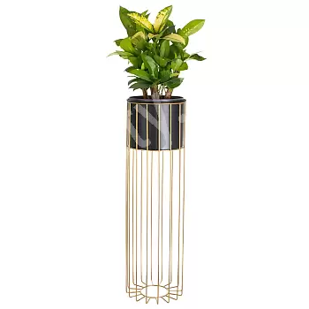 Vaso da fiori di design in metallo composto da aste colore dorato e cestino in plastica colore nero, larghezza 20 cm, altezza 70 cm