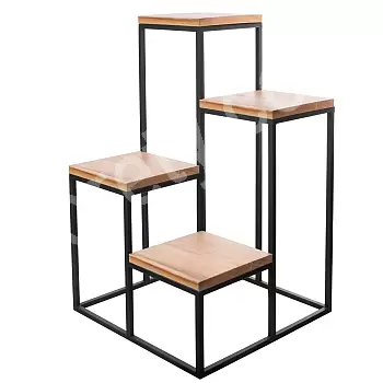 Suporte para plantas em metal e madeira de carvalho com quatro níveis, altura 68 cm, dimensões da base no solo 40 cm x 40 cm