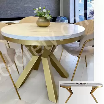 Altın ayaklı yuvarlak açılabilir yemek masası, çap 100 cm veya 120 cm, maksimum uzunluk 176 cm veya 196 cm, farklı masa yüzeyleri