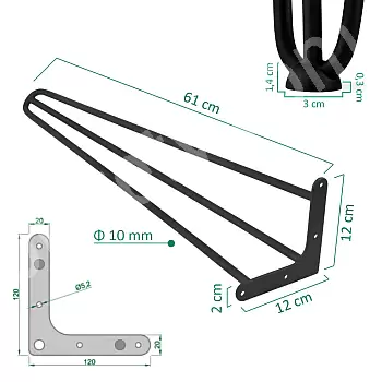 Koristeelliset pöytäjalat 3 kiinteästä terästangosta halkaisija 10 mm, korkeus 61 cm, väri musta, valkoinen, harmaa tai kulta