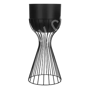 Portafiori basso in acciaio, realizzato con tondini di acciaio nero curvati e cestino nero in plastica, altezza 46 cm, larghezza 20 cm