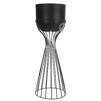 Portafiori in acciaio di media altezza composto da barre curve con finitura nera e vaso in plastica nera, altezza 55 cm, larghezza 20 cm
