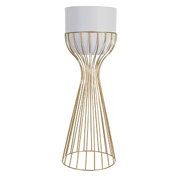 Metalldesignad blomkruka gjord av stålstänger gyllene färg och plastkorg vit färg, bredd 20 cm, höjd 55 cm