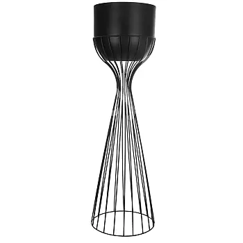 Plieninis gėlių stovas iš lenktų juodos spalvos plieno strypų ir juodo plastikinio krepšelio, aukštis 68 cm, plotis 20 cm