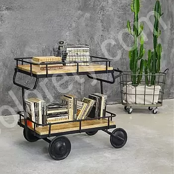 Carrello da cucina a due livelli in stile LOFT con combinazione di legno esotico di mango e ghisa nera, utilizzabile come bar, consolle e tavolino da caffè