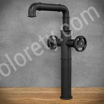 Einstrahl-Wasserhahn im Industriestil aus Messing, schwarze Farbe, Höhe 32 cm, Auslauflänge 15 cm