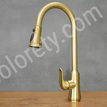 Nerūsējošā tērauda jaucējkrāns, Izvelkams snīpis, augstums 46 cm, izteka garums 17,5 cm, krāsa: Antīks misiņš
