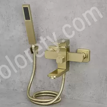 Moderna izskata sienas jaucējkrāns ar dušas klausuli, augstums 15 cm, platums 20 cm, antīka misiņa krāsa, matēta apdare