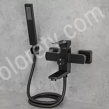 Grifo de bañera de pared de aspecto moderno con ducha de mano, altura 15 cm, ancho 20 cm, color: negro, acabado: cepillado