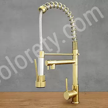 Grifo de cocina de dos caños fabricado en latón color oro antiguo, aspecto industrial, caño giratorio de caudal constante y caño extraíble con chorro de ducha, altura total 54 cm