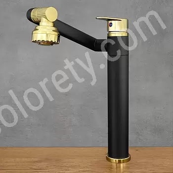 360 Grad drehbarer Küchenhahn aus Edelstahl, Höhe 30,5 cm, Auslauflänge 20 cm, Farbe Schwarz und Gold, matt, glänzend