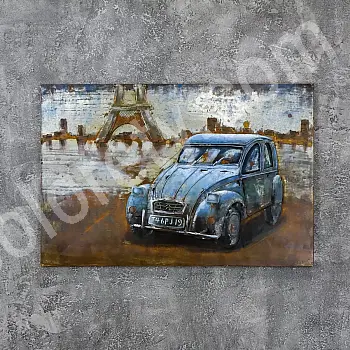 Dipinto in metallo 3D vecchia piccola auto blu, 120x80cm