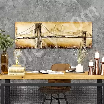 3D metaalschilderij, wanddecor, de oude brug in de mist, afmeting 70x160cm