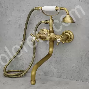 Sárgaréz fürdővízcsap, falra szerelhető, magassága 39 cm, kifolyócső hossza 23 cm, arany színű