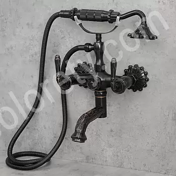 Badwaassermixer aus Messing, Wandmontéiert, Héicht 340 mm, mat 200 mm, Faarf: schwaarz