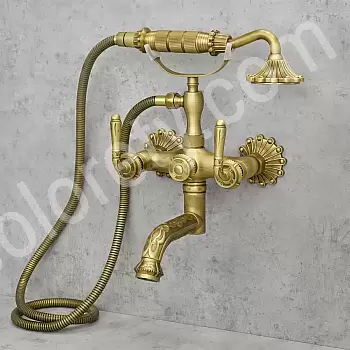 Badewasserarmatur aus Messing, Wandmontage, Höhe 34 cm, Breite 20 cm, goldfarben