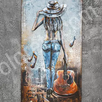 3D-Kunstwerk, Metallmalerei, Mädchen mit Gitarre, 60x120 cm