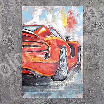 3D kresba, kovové umění, červené sportovní auto, 80x120 cm