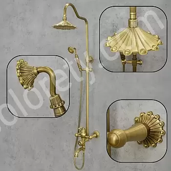 Conjunto de chuveiro de latão em estilo retrô com detalhes florais, sistema de chuveiro de 3 funções que inclui chuveiro com efeito de chuva, chuveiro de mão e torneira de banheira