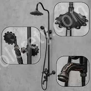 Brass shower set in retro style with flower accents, black colour, 3-function shower system includes rainfall shower, handheld shower and bath tap