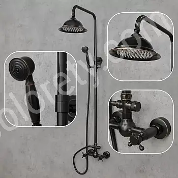 Retro style brass shower system in black colour, with rainfall shower and hand shower, total height 130 cm