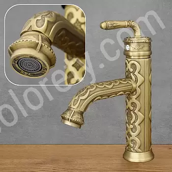 Dekoratyvinis žalvarinis kriauklės maišytuvas su gėlių raštais, antikvarinės žalvario spalvos, aukštis 23,5 cm, snapelio ilgis 10 cm