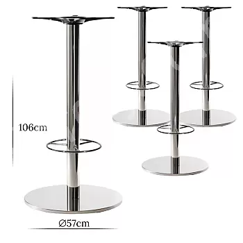 Basi centrali HORECA per tavoli da bar con supporto per gambe, in acciaio inox, altezza 106 cm, lucide o satinate, 4 pz, per piani fino a P90 cm