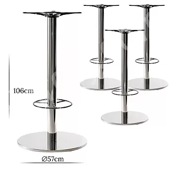 Baze de masă centrale HORECA pentru mese de bar cu suport pentru picioare, din oțel inoxidabil, înălțime 106 cm, lustruite sau satinate, 4 buc, pentru blaturi până la D90cm