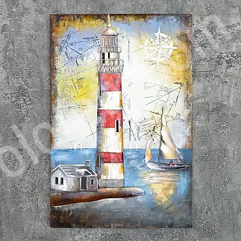 3D metallitaide Purjevene meressä ja majakka, mitat 120x80 cm