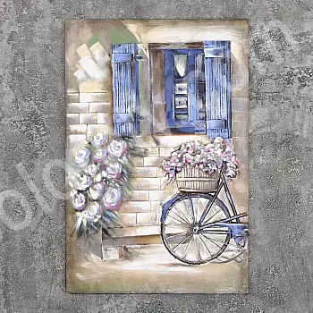 3D metal wall decor, blue window with shutters, flowers, bicycle, flower basket, Greek mood, dimensions 80x120cm