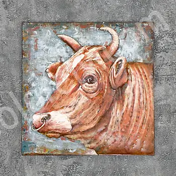 3D väggdekor i metall, en brun ko med näsring, 80x80cm