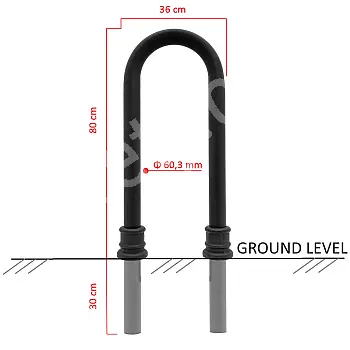 Galvaniz bisiklet standı, retro stil, yükseklik 80 cm, genişlik 36 cm, döküm dekoratif elemanlı, yer altı beton montajı, siyah renk