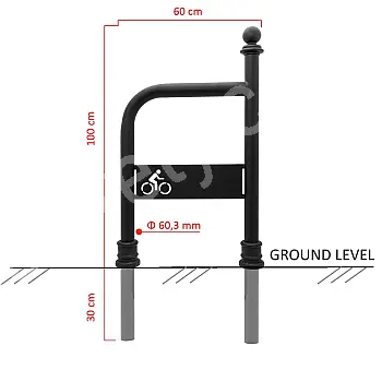 Support à vélo galvanisé et peint en noir, style rétro 100x60 cm avec éléments décoratifs en fonte et logo vélo, installation en béton enterré