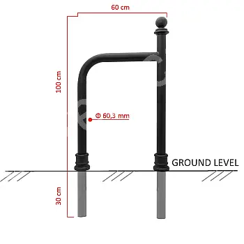 Galvanized and black painted bicycle stand, retro style 100x60 cm with cast iron decorative elements, in-ground concrete installation