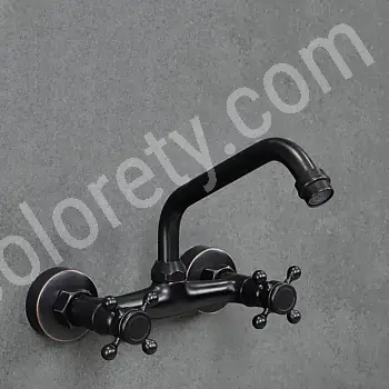 Rubinetto a parete in ottone, colore nero, con bocca sollevata con un angolo di 115 gradi, altezza 19 cm
