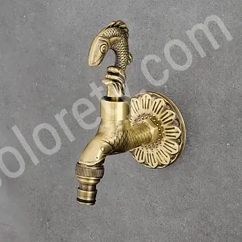 Staromosazný hadicový kohoutek s rybí rukojetí, výška 15 cm, délka výtoku 10 cm