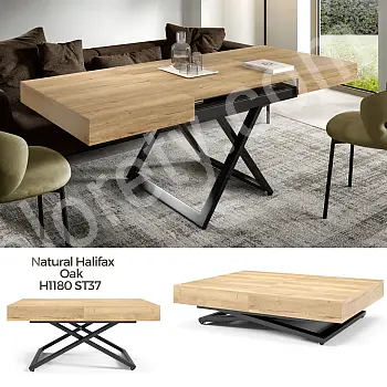 Daugiafunkcis ištraukiamas kavos staliukas ir valgomasis stalas reguliuojamo aukščio 27-80 cm, 3 in 1 ilgis 120 cm / 160 cm / 200 cm, laminato viršaus spalvos juoda, balta, ąžuolas, betonas