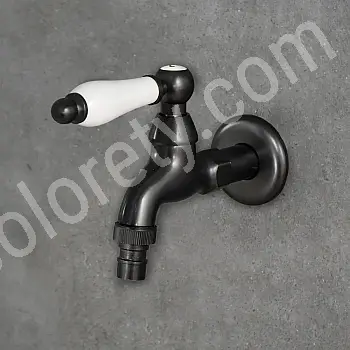 Messing antik, Keramik Schlauchhahn, schwarz, weiß, Höhe 11 cm, Auslauflänge 10 cm